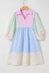 Multicolour Striped Patchwork Ric Rac Puff Sleeve Collared Mini Dress